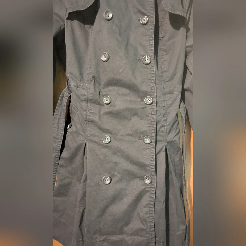 Women's Black Trench Coat Pea Coat Knee Length Worthington Size Large - Picture 4 of 11
